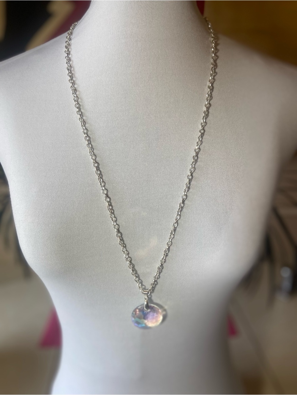 Iridescent Disc Pendant Necklace in Silver - Women Jewelry